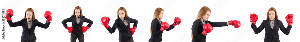 Woman businesswoman with boxing gloves on white Woman businesswoman with boxing gloves on white