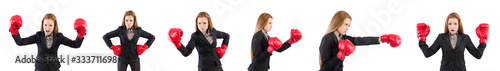 Woman businesswoman with boxing gloves on white © Elnur