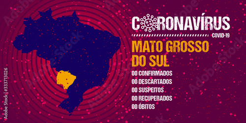 Infographics for epidemic progression in the state of Mato Grosso do Sul, Brazil. Text in brazilian portuguese saying "coronavirus, confirmed, discarded, suspect, recovered, deaths".