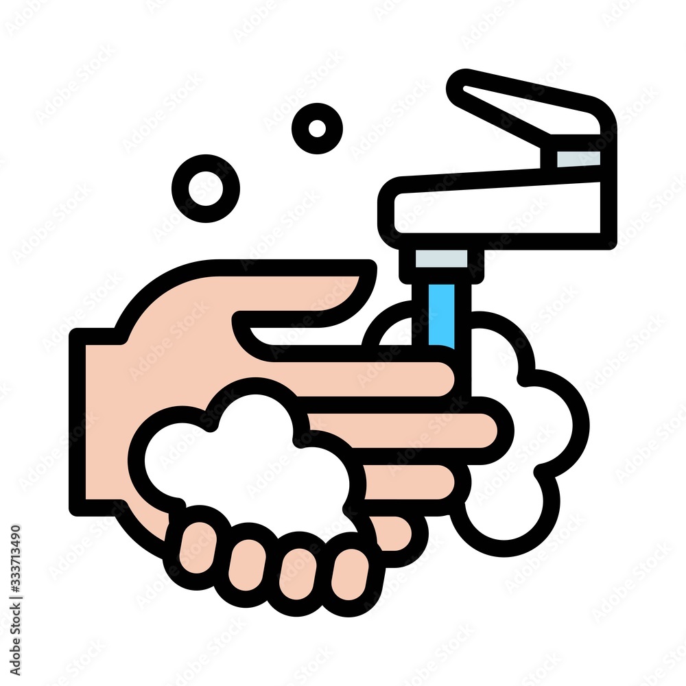wash hand or hygiene related hand with soap bubbles and water faucet with pouring water vector with editable stroke,