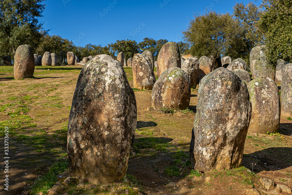 Almendres Cromlech. Megalithic stone circle located near Evora in Portugal. Chronology: IV-III millennium.