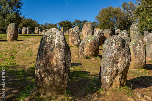 Almendres Cromlech. Megalithic stone circle located near Evora in Portugal. Chronology: IV-III millennium. photo