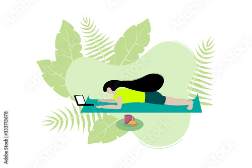 girl stands in plank next to laptop on background of tropical leaves. Stay home, home office for quarantine. Yoga and work at home. Cartoon vector illustration