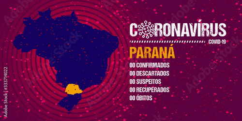 Infographics for epidemic progression in the state of Parana, Brazil. Text in brazilian portuguese saying  "coronavirus, confirmed, discarded, suspect, recovered, deaths".