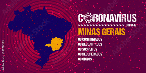 Infographics for epidemic progression in the state of Minas Gerais, Brazil. Text in brazilian portuguese saying  "coronavirus, confirmed, discarded, suspect, recovered, deaths".