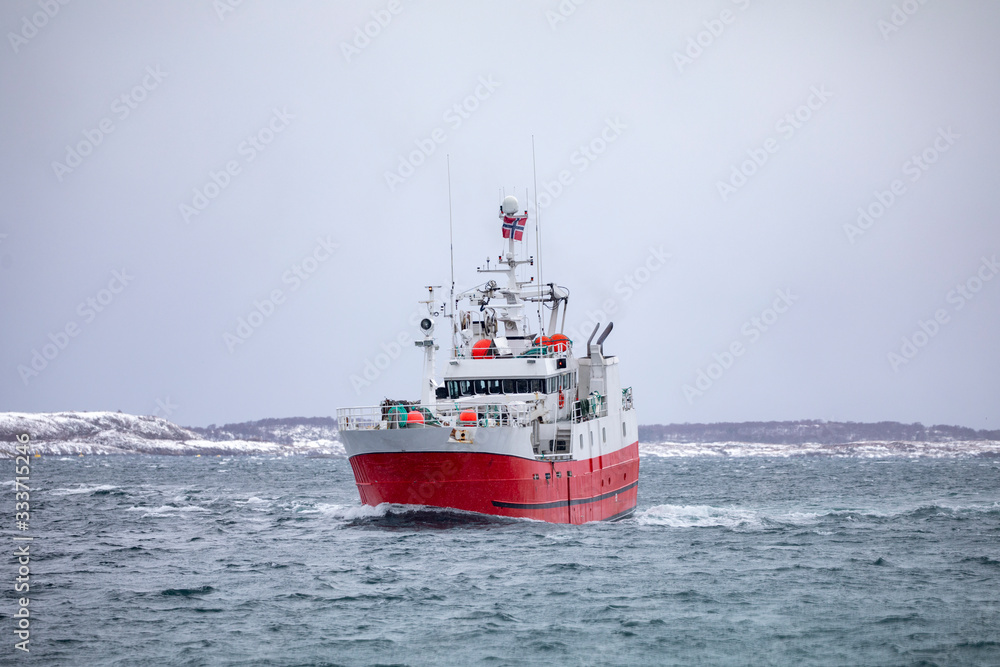 Fototapeta premium Fishing boat through Brønnøysundet, Nordland county - Atløy Viking