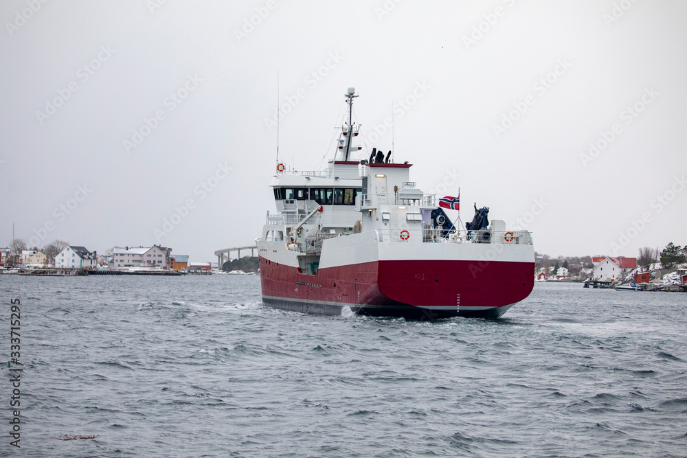 Fish Farming ship through Brønnøysundet, Nordland county