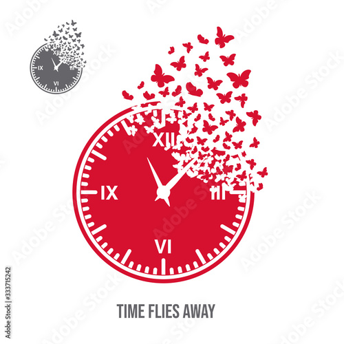 The dial of the watch with the effect of destruction. Dispersion. Butterflies or moths. Concept - time flies