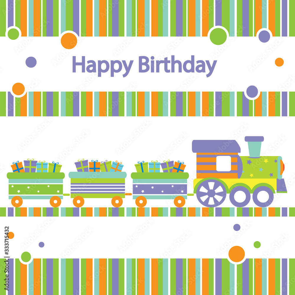 Birthday card with train and gifts.