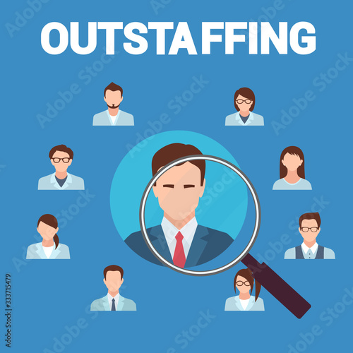 Outstaffing Banner Flat Cartoon Vector Illustration. Open Vacancy. Recruitment Agency. Outsourcing Candidates, Applicants Searching for Job Opportunities. Magnifying Glass on Applicant.