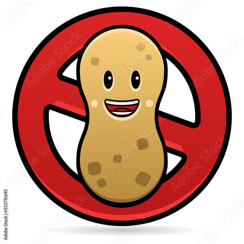 Vector of a cartoon peanut in a red circle isolated on a white background. Can represent food allergies, peanut free food, food safety, restaurants, food products, allergens, safe for kids and an alle