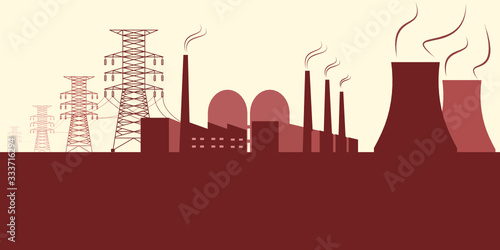 nuclear power plant with electric power lines. vector illustration