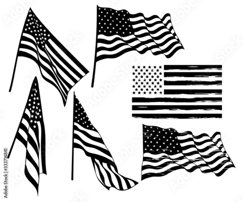 Set of flags of the United States of America. Collection of waving flag silhouettes in the wind. Set of independence symbol USA. Vector illustration for american holidays.