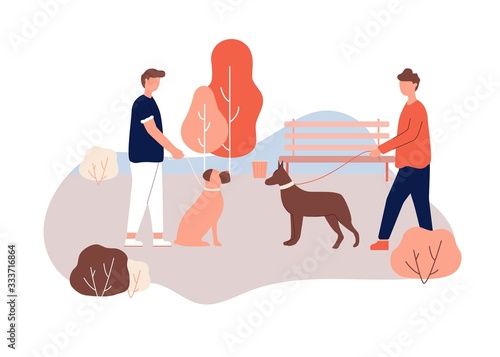 Cartoon Man Owner Walk Dog in Park, Holding Leash in Hand, Doberman Boxer Breed in Collar Vector Illustration. Dog Meeting, Animal Friendship. Doggy Play Outdoors. Pet Love, Care, Training,