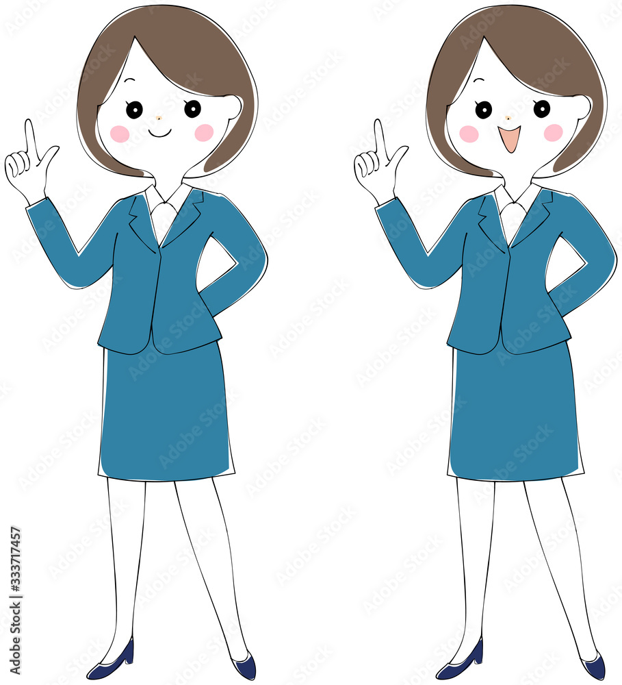 笑顔で指差しポーズをしている青いスーツ姿の若い女性 全身 Stock Vector Adobe Stock