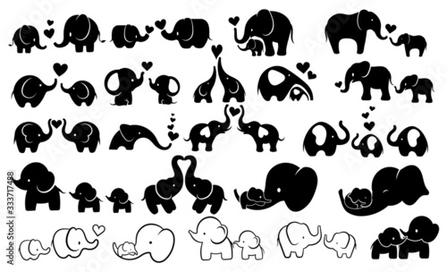 Set of elephants with baby elephant. Collection of family elephants with hearts. Logo. Love to the animals. Vector illustration for the zoo.