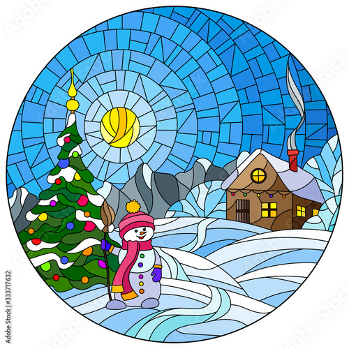 Illustration in stained glass style with Christmas landscape, rustic house, Christmas tree and snowman on snow background and day sky with sun