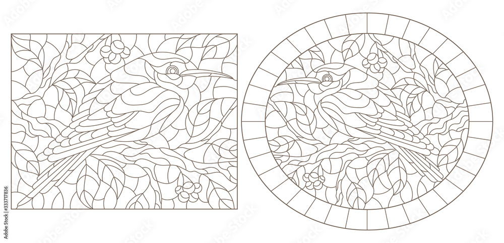 Set of contour  illustrations of stained-glass windows with birds against branches of a tree and leaves 