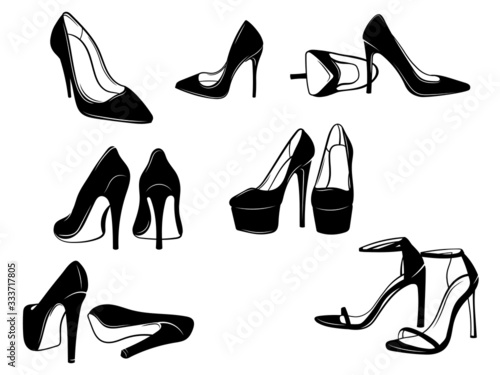 Set of women's shoes. Сollection of different silhouettes of girlish cocktail shoes, everyday. Vector illustration on a white background.
