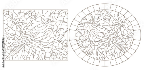 Set of contour illustrations of stained-glass windows with birds against branches of a tree and leaves 