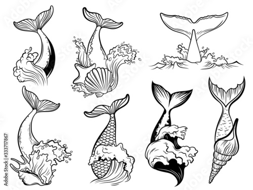 Set of whale tails. Collection of silhouette  tails of marine life in sea waves and water splashes. Black-white vector illustration for children. Tattoos