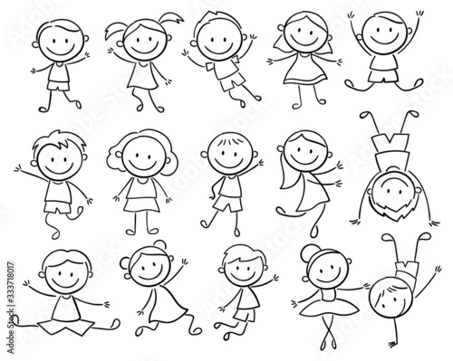 Set of doodle kids figures. Collection of happy cartoon kids illustration. Vector illustration of cute stick figures of boys and girls. Hand-drawn.