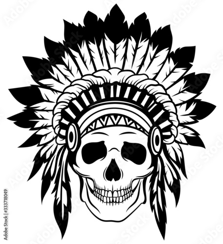 Indian skull with headdress of feathers. The leader of a tribe of Indians. Totem. Line art. Black and white drawing by hand. Tattoo.