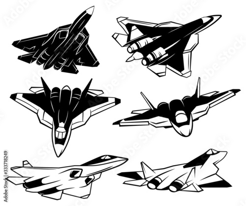 Set of jet fighter. Collection of silhouettes of various military airplane. Black and white illustration of aircraft.