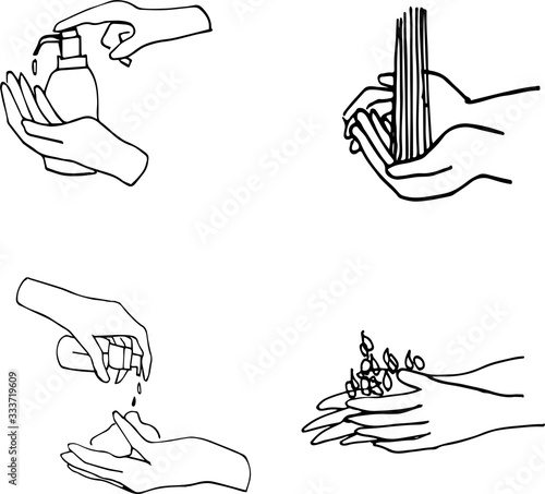 Line drawn hands using sanitizer gel pump dispenser or alcohol to protect Covid-19 virus or coronavirus vector illustration sketch doodle on white background
