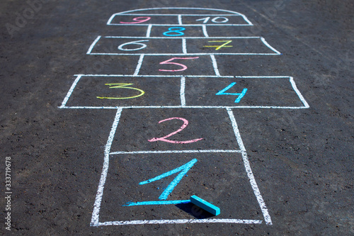 Hopscotch game drawn with chalk on the asphalt