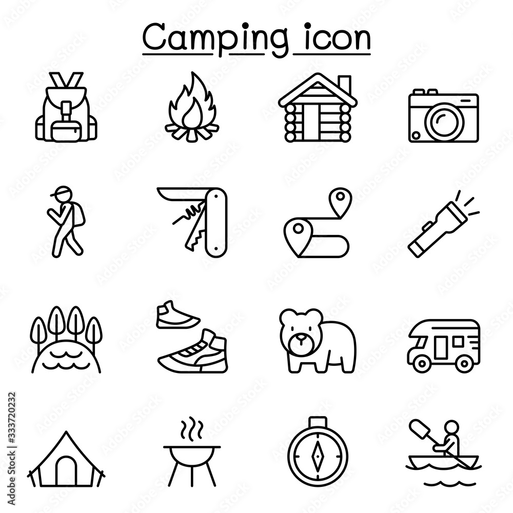Fototapeta premium Camping icons set in thin line style