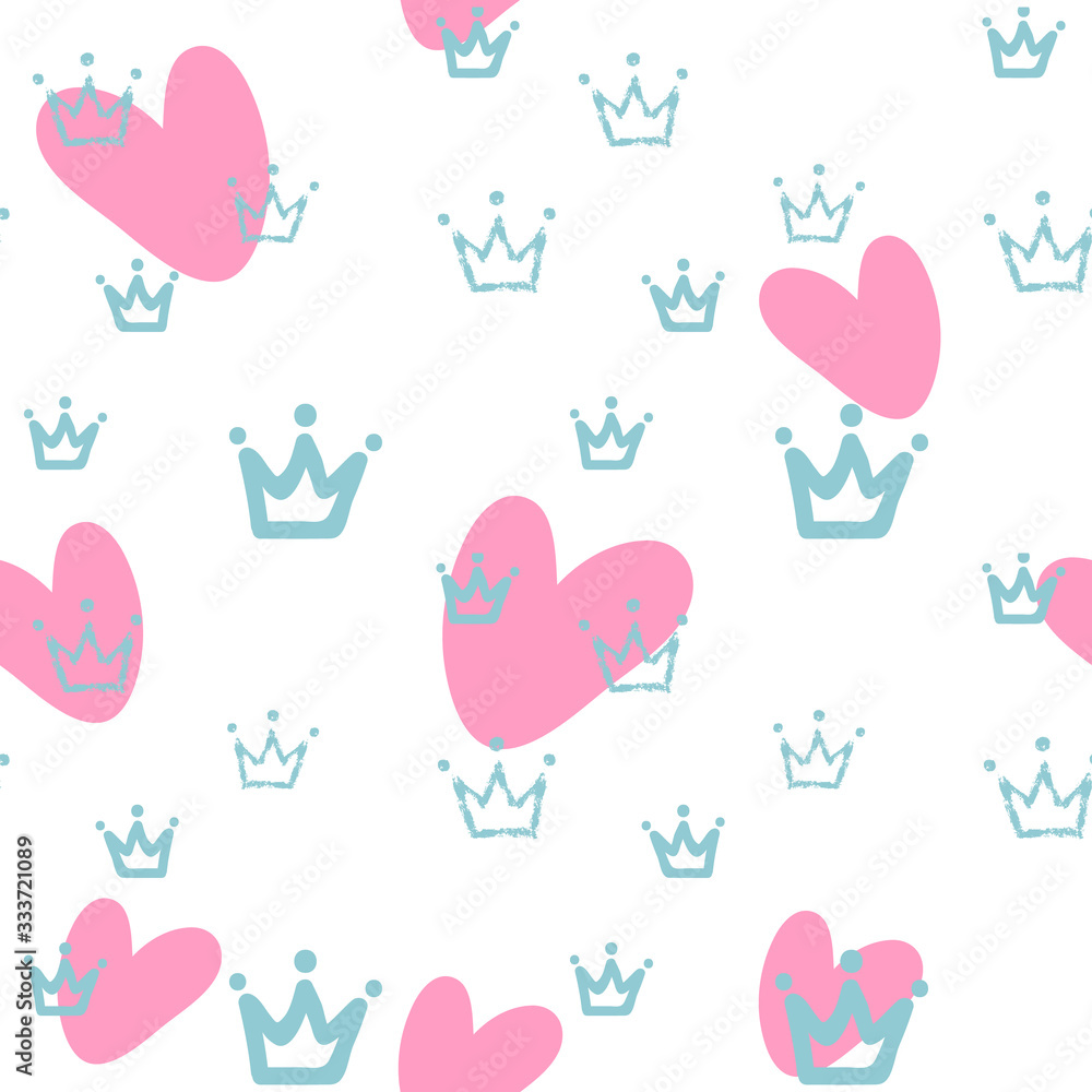 Crown and heart, pastel colored sweet vector seamless pattern. Romantic style, hand drawn elements, texture, trendy colors. Applicable as endless textile or wrapping paper prints. White background.