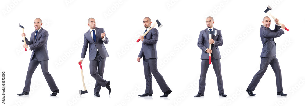 Funny businessman with axe on white