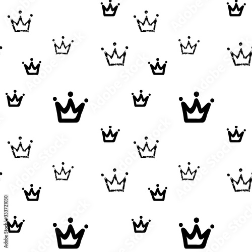 Girly sweet vector seamless pattern with crowns. Romantic style, hand drawn elements. Texture, black silhouettes. Applicable as endless textile or wrapping paper prints and backgrounds.