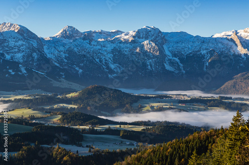 Morning fog in the valley in the Austrian Alps