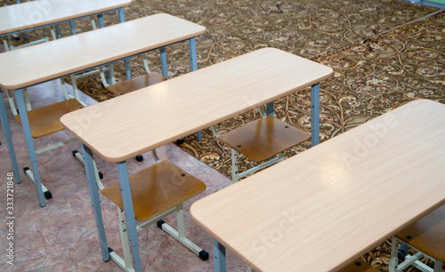 Student tables in the classroom.