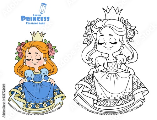Billede på lærred Cute princess in blue dress curtsy outlined and color for coloring book