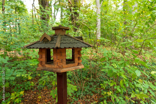 Wooden bird house with a black roof standing in a forest
