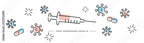 Fight Corona virus Covid 19 handwritten line design info graphic white isolated background banner