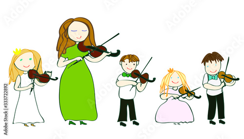happy little violinists plays the violin, vector, illustration, music lessons, isolate