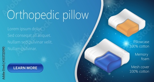 Composition Orthopedic Pillow. Cotton Surface. Memory Foam. Mesh Cover. Healthy Sleep. Galaxy Background and Text. Sweet Dreams. Advertising Image. Anatomical Form. Vector Illustration.