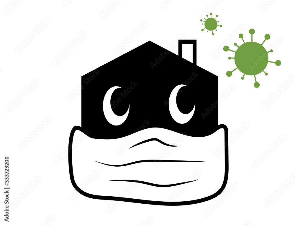 House in medical mask and bacteria coronovaris. Vector icon. House in medical mask and bacteria coronovaris. Vector icon.