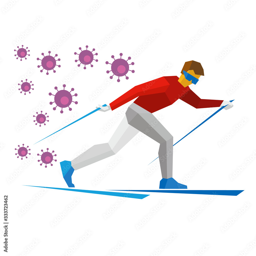 Obraz premium Cartoon skier running, lot of viruses Coviid-19 are chasing him. Athlete runs on skis. Winter sports - Skiing. Flat style vector clip art isolated on white background.