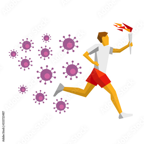 Running torchbearer, lot of viruses are chasing him. Athlete isolated on white background. International sport games infographic. Sportsman with torch - flat style vector clip art.