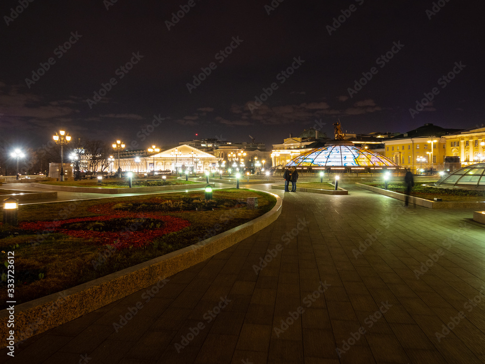 view of Manezhnaya Square in Moscow city at night