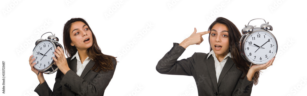 Businesswoman with clock missing her deadlines Businesswoman with clock missing her deadlines