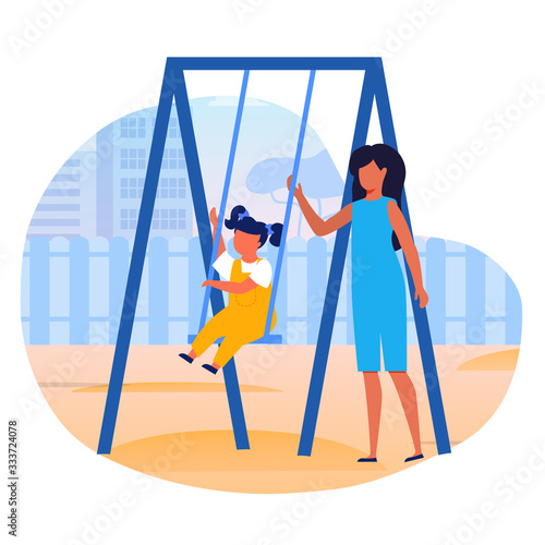 Little Sisters on Swing Flat Vector Illustration. Siblings, Teenager and Preschool Child Cartoon Characters. Girls Spend Time Together on Playground. Outdoor Games, Summer Pastime, Childhood Leisure