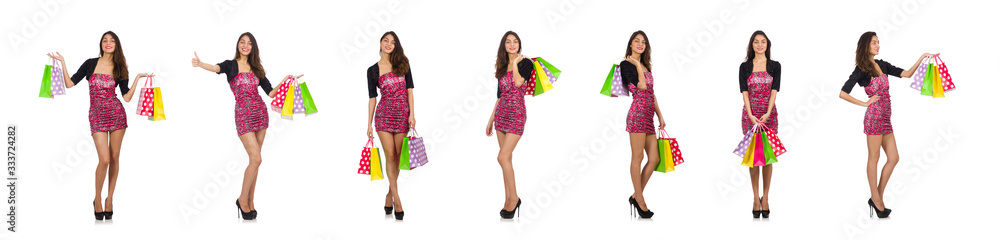 Woman with shopping bags isolated on white