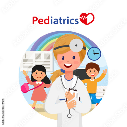 Pediatrics Banner Flat Cartoon Vector Illustration. Woman Doctor Standing in Uniform with Stethoscope. Happy Children Jumping on Background with Rainbow. Kids Treatment in Hospital.