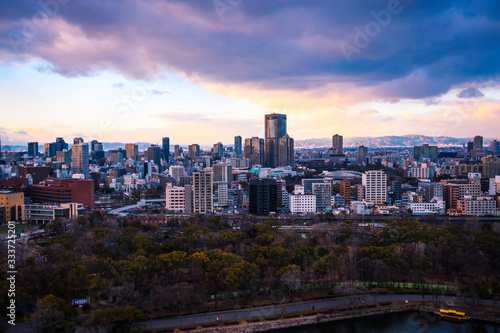 Osaka, Japan - January 07, 2020: Panoramic View to the Evening City from the Castle Roof © Dave